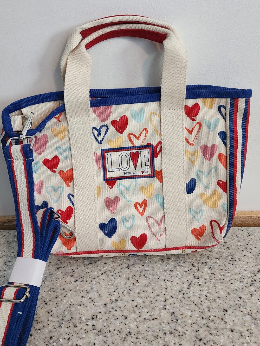 Brighton Red, White And You Mini Tote Bag - LOVE- with Multicolor Hearts NWOT